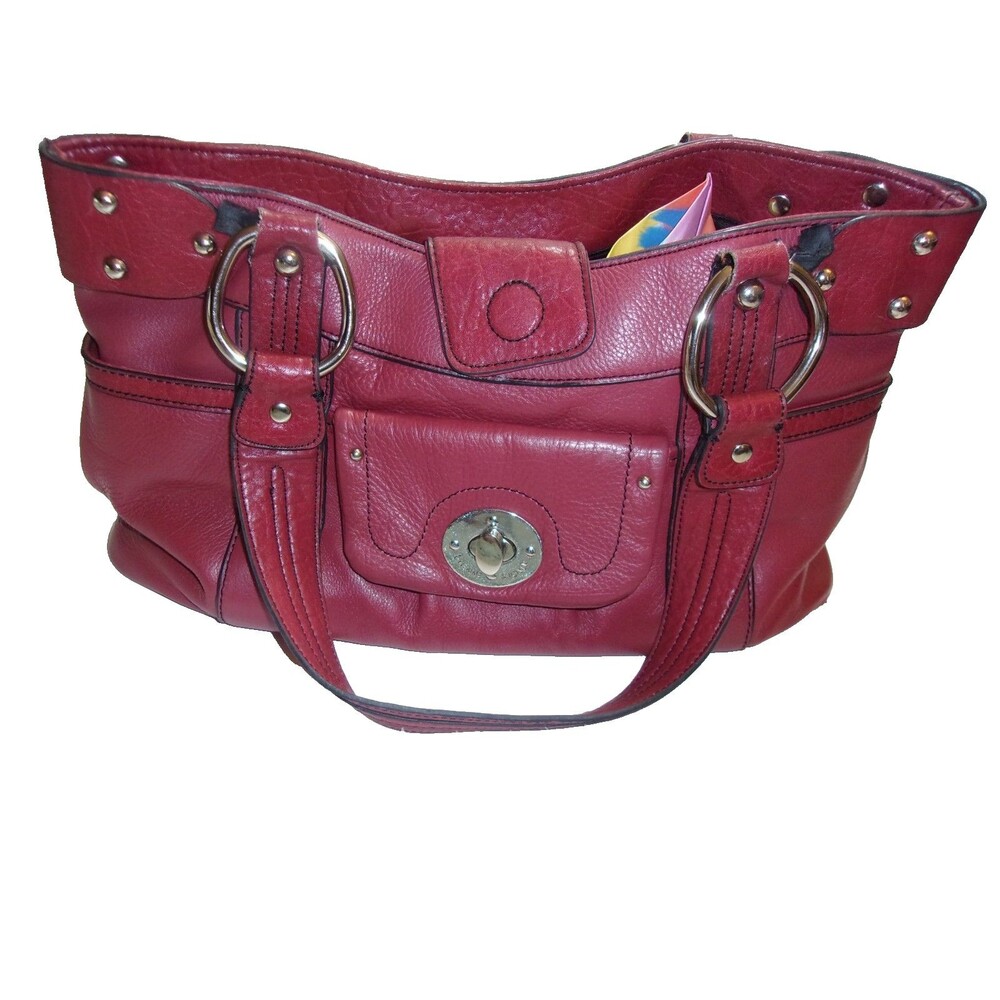 Aigner Leather Shoulder Bag Red Silver Studs East/West 14" X 9" X 4.5"  Pockets